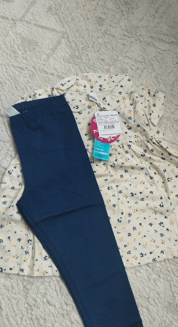 Bebek Kız Desenli Elbise ve Mavi Tayt Takımı - Görsel 5