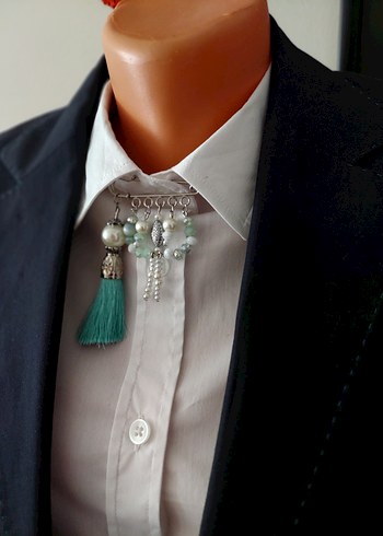 Püsküllü Turkuaz Nakışlı Kadın Broş - Görsel 4