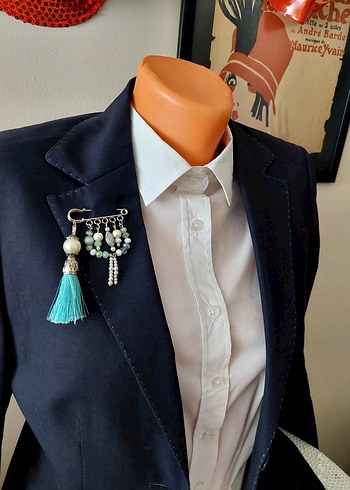 Püsküllü Turkuaz Nakışlı Kadın Broş - Görsel 2