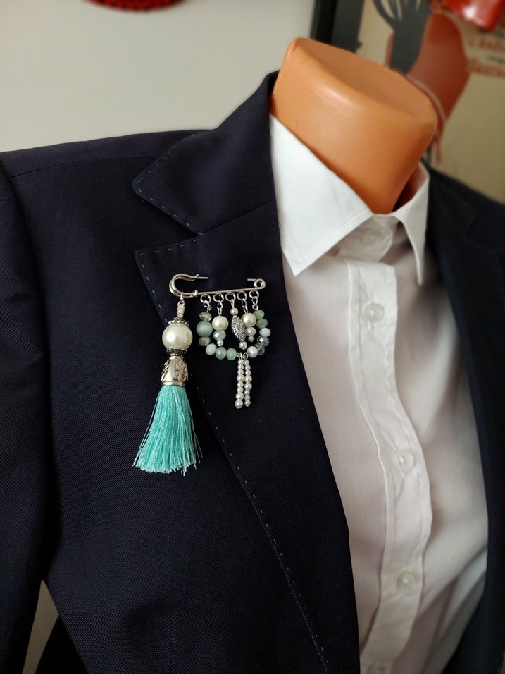 Püsküllü Turkuaz Nakışlı Kadın Broş - Görsel 3