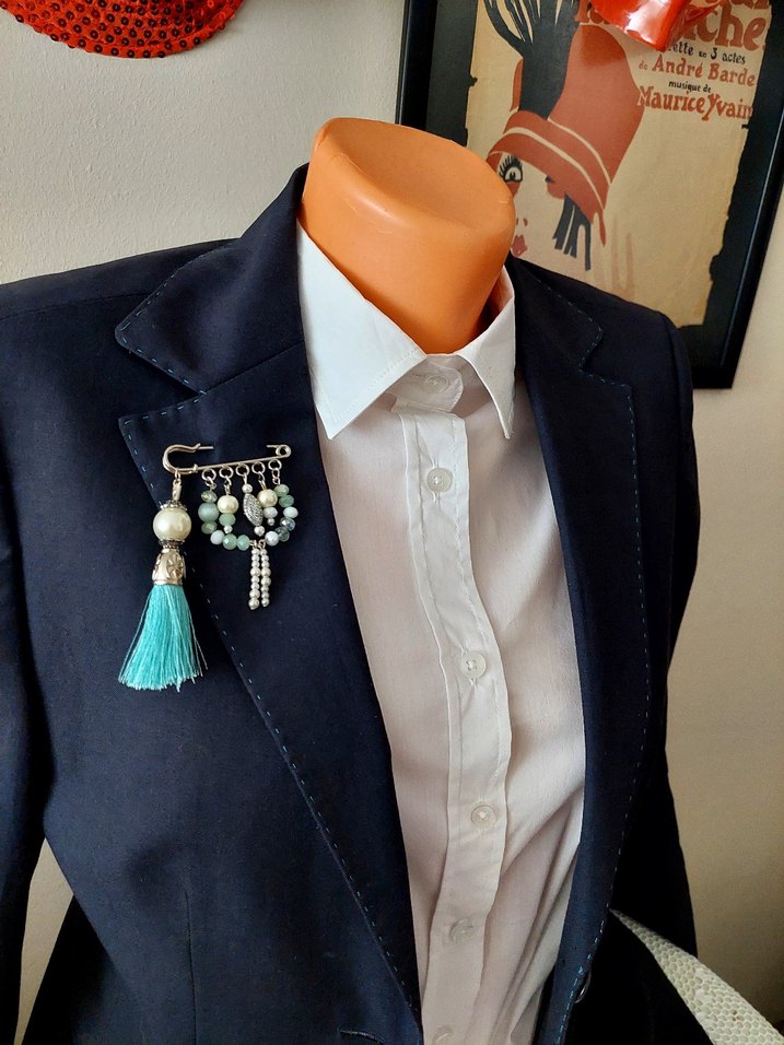 Püsküllü Turkuaz Nakışlı Kadın Broş - Görsel 2