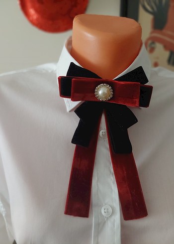 Bordo Kadife Fiyonk Broş İnci Detaylı - Görsel 4