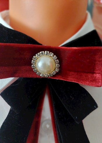 Bordo Kadife Fiyonk Broş İnci Detaylı - Görsel 3