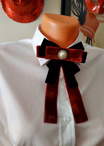 Bordo Kadife Fiyonk Broş İnci Detaylı - Görsel 2