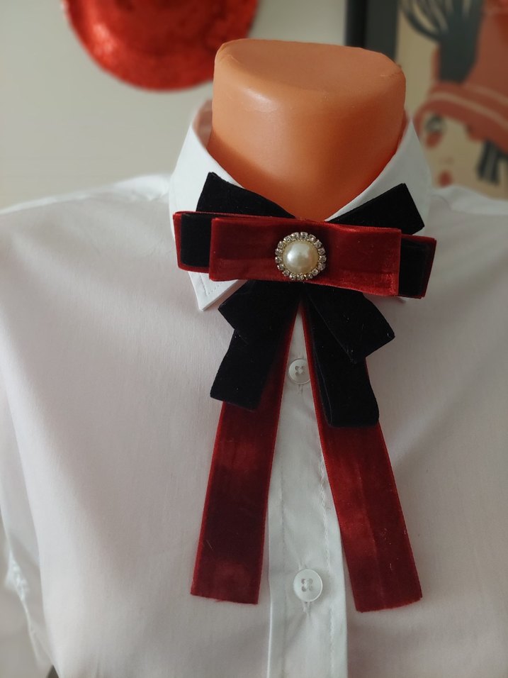 Bordo Kadife Fiyonk Broş İnci Detaylı - Görsel 4