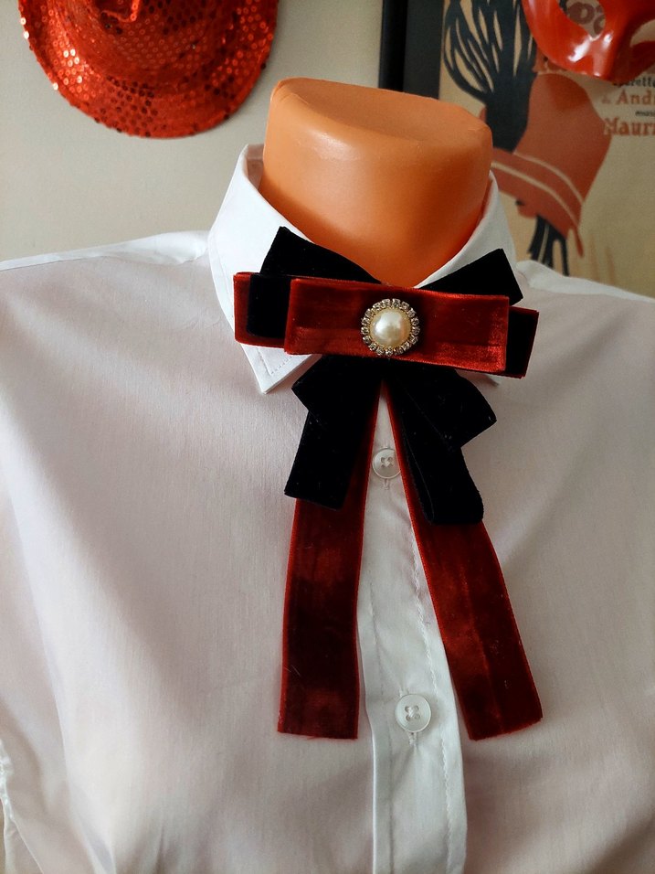 Bordo Kadife Fiyonk Broş İnci Detaylı - Görsel 2