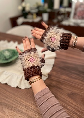 Bej Bohem Kürklü Örgü Kadın Eldiven - Görsel 3