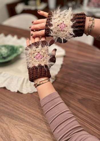 Bej Bohem Kürklü Örgü Kadın Eldiven - Görsel 4