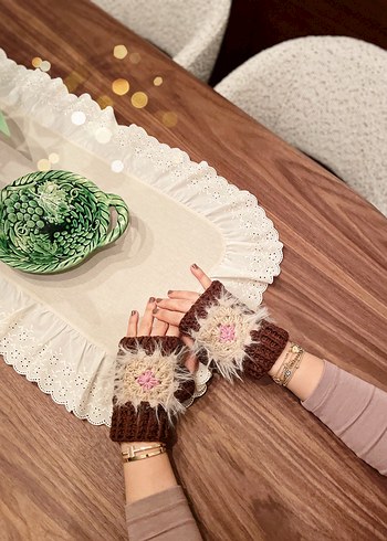 Bej Bohem Kürklü Örgü Kadın Eldiven - Görsel 2