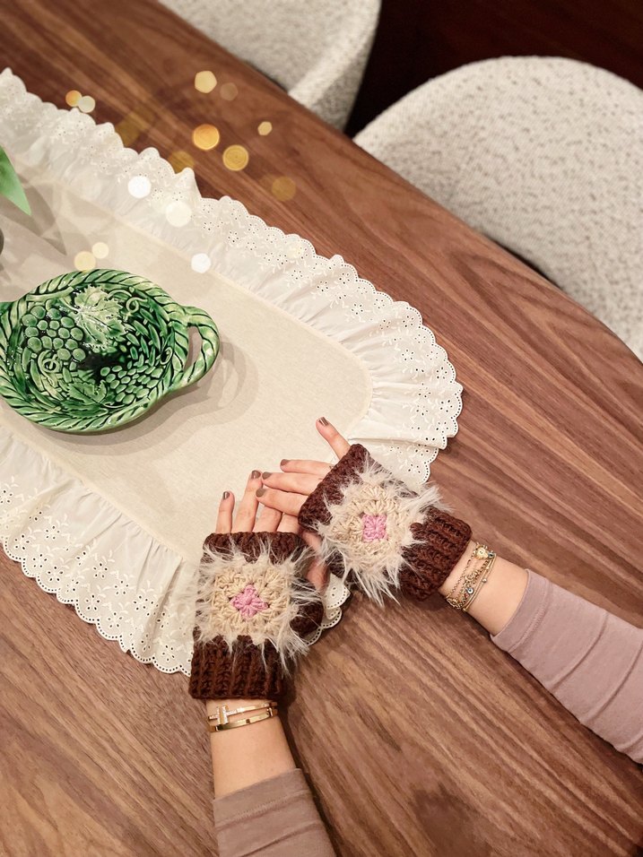 Bej Bohem Kürklü Örgü Kadın Eldiven - Görsel 2