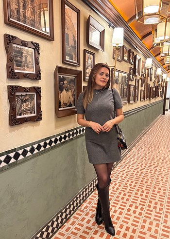 Arnica Kısa Kesim Gri Ekose Elbise