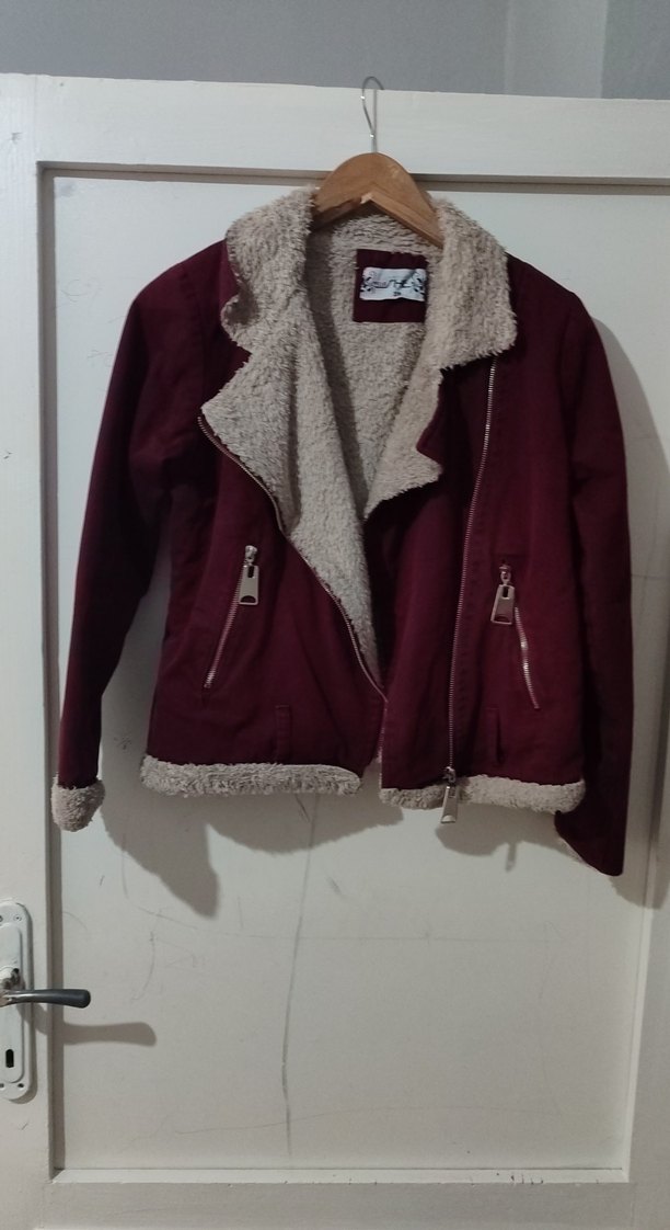 Bordo Kadın Kürk Detaylı Street Wear Ceket - Görsel 3