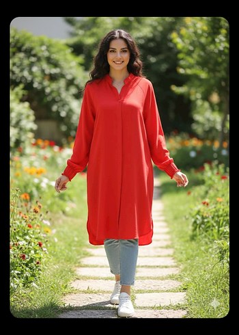 Uzun Kollu nar çiçeği Salaş Kadın Tunik - Görsel 2