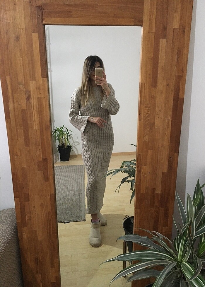 Bej Örme Triko Elbise - Görsel 3