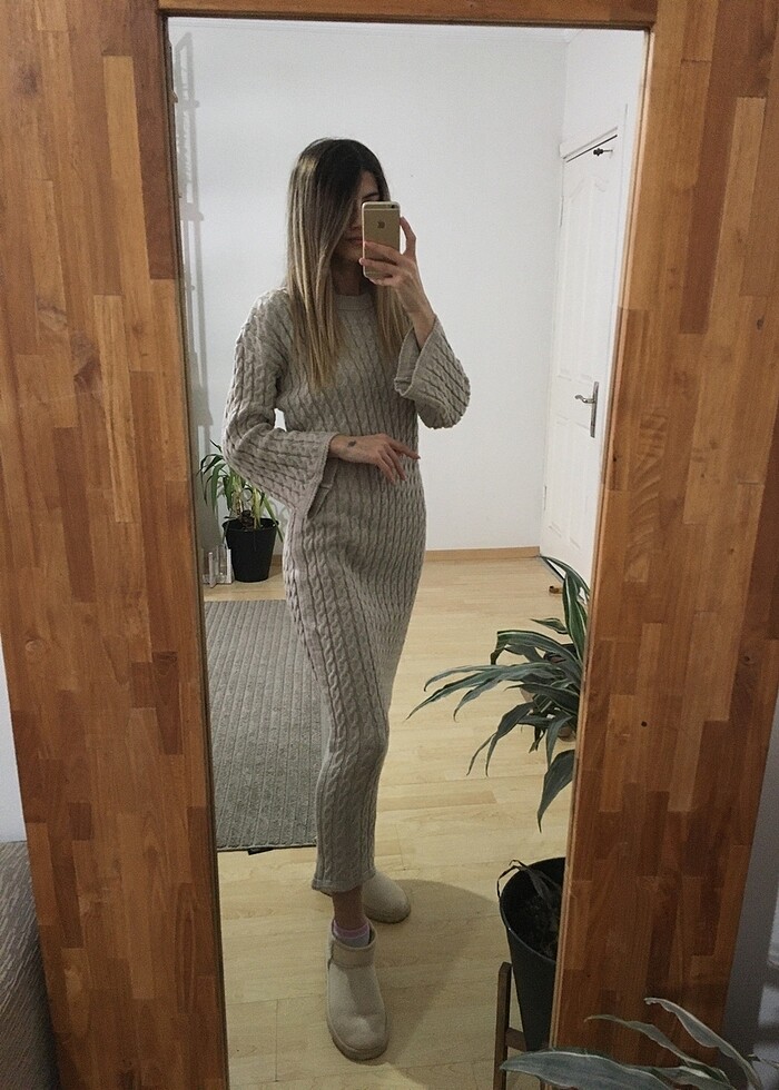 Bej Örme Triko Elbise - Görsel 2