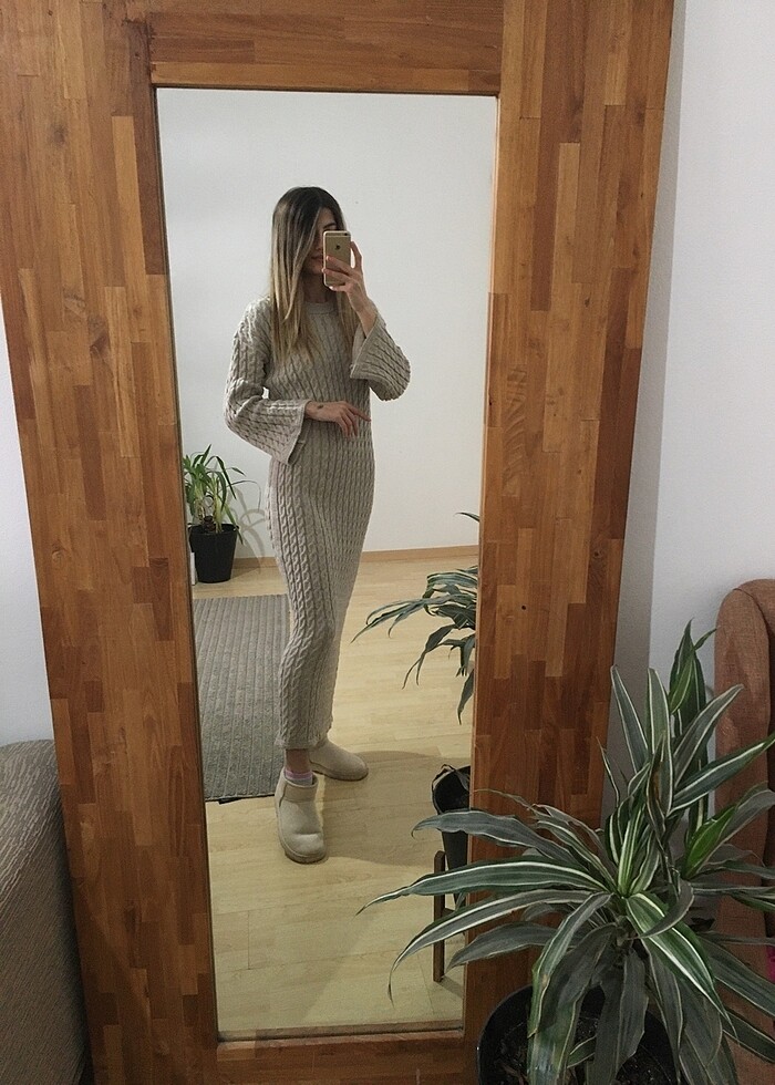 Bej Örme Triko Elbise - Görsel 5