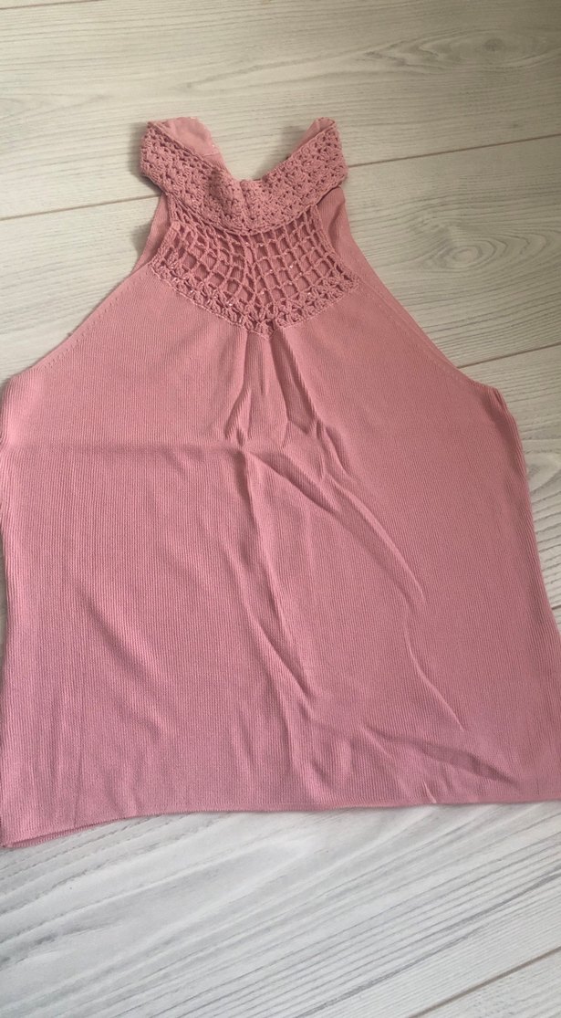 Pembe Bohem Yüksek Yaka Örgü Kolsuz Bluz - Görsel 2