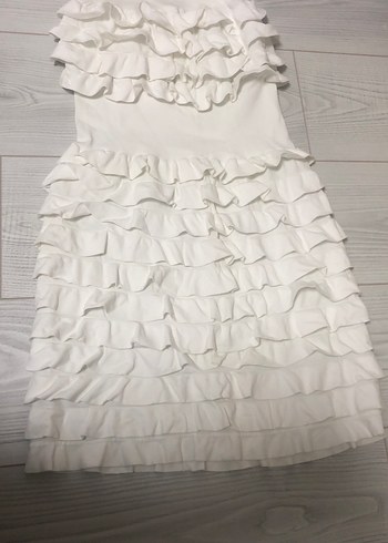 Beyaz Fırfırlı Midi Straplez Keten Elbise - Görsel 2