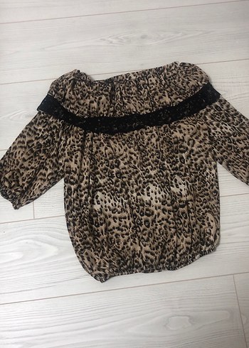 Kahverengi Leopar Desenli tüllü  Uzun Kollu Bluz - Görsel 2