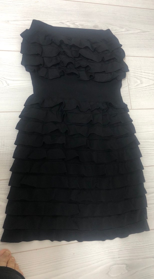 Siyah Straplez Katlı Midi Elbise - Görsel 3