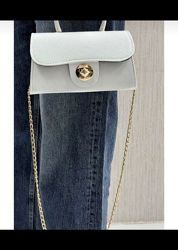 Beyaz Deri Zincir Detaylı Kadın Çanta - Görsel 6