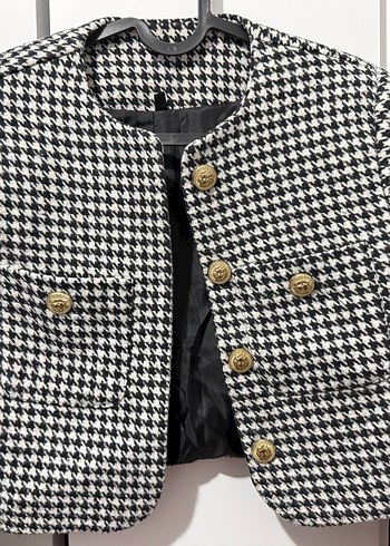 Düğmeli Mini Ekose Kadın Ceket - Görsel 2