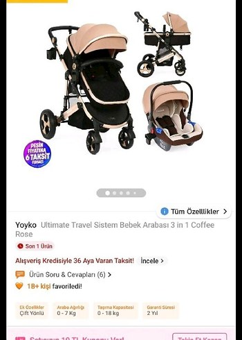 Yoyko Ultimate 3'ü 1 Arada Bebek Arabası Kahverengi