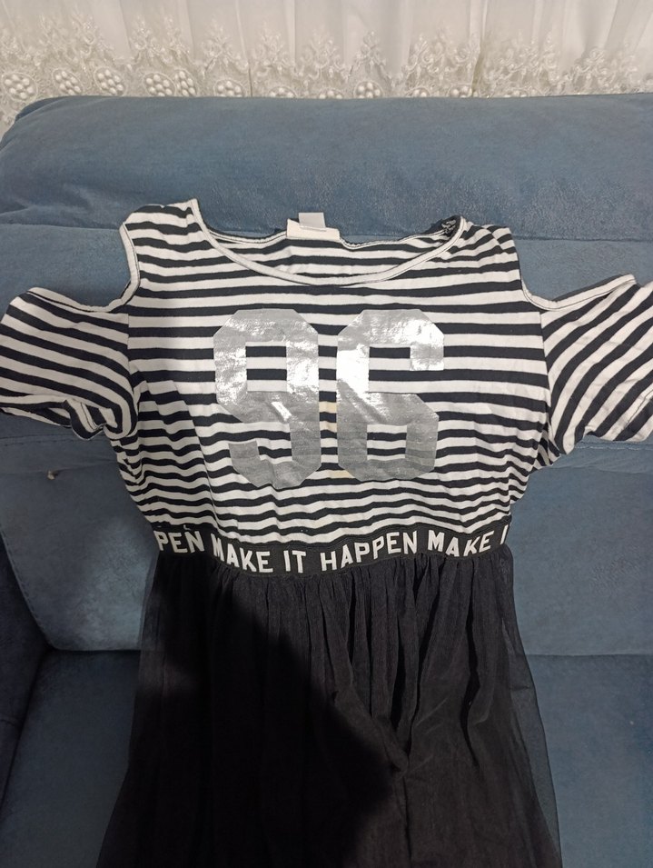 Kız Çocuk Siyah Çizgili Pilili Elbise - Görsel 2