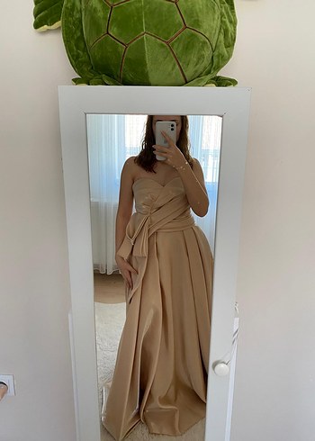 Bej Drapeli Uzun Abiye Elbise - Görsel 2