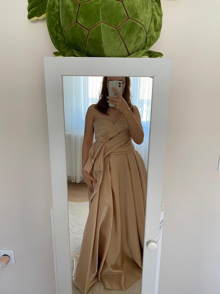 Bej Drapeli Uzun Abiye Elbise - Görsel 2