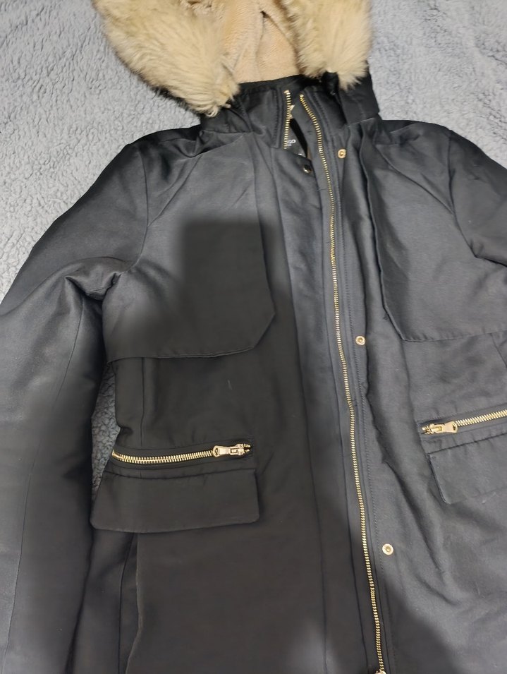 Kadın Siyah Midi Kaban Kürklü Kapüşonlu - Görsel 2