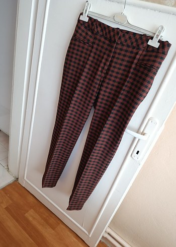 Bordo Kareli Tokalı Kumaş Pantolon - Görsel 5
