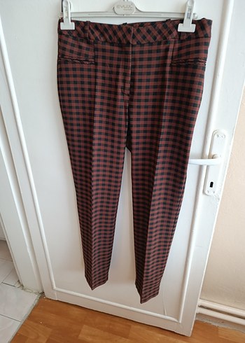 Bordo Kareli Tokalı Kumaş Pantolon - Görsel 4