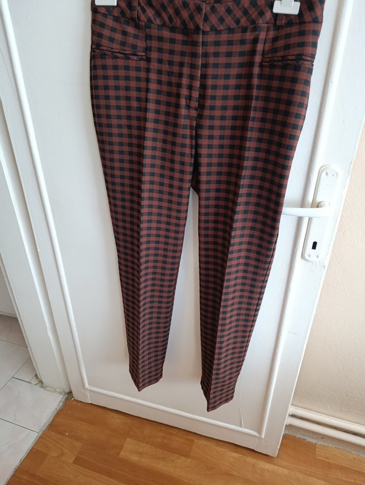 Bordo Kareli Tokalı Kumaş Pantolon - Görsel 2