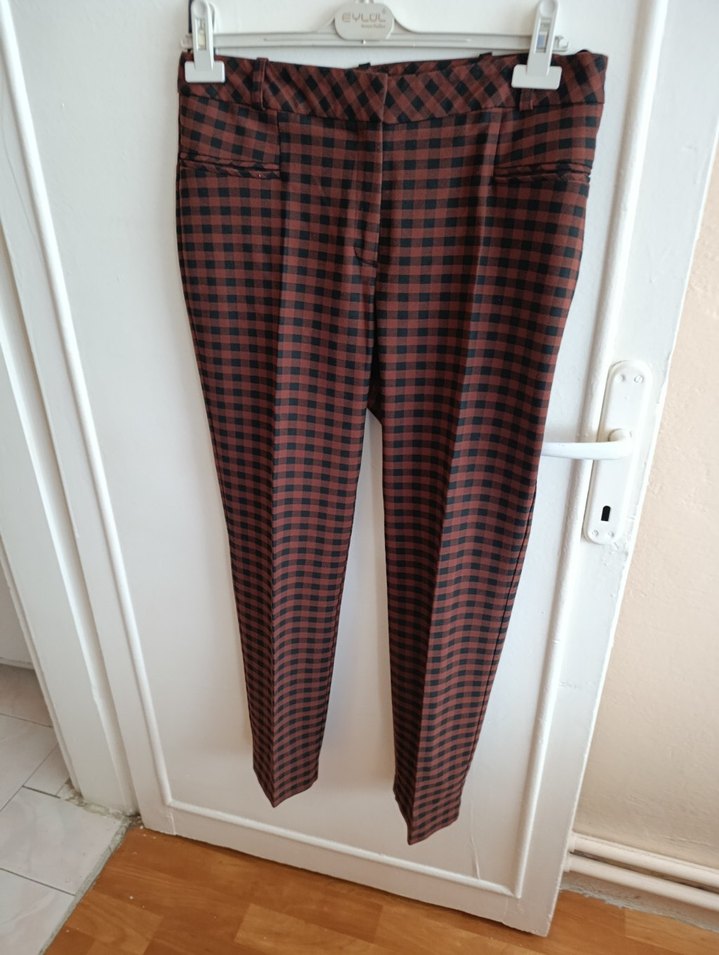 Bordo Kareli Tokalı Kumaş Pantolon - Görsel 4