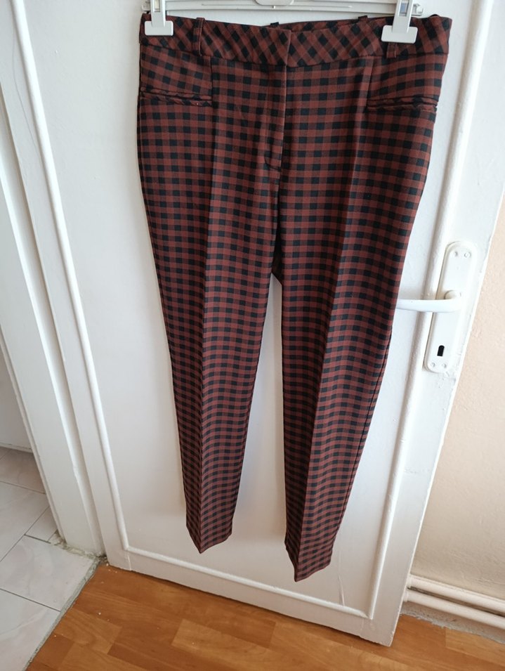 Bordo Kareli Tokalı Kumaş Pantolon - Görsel 3