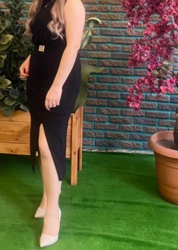 Siyah kemerli kalem elbise - Görsel 2