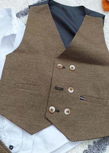 Düğmeli Kahverengi Çocuk Yelek Takımı - Görsel 3