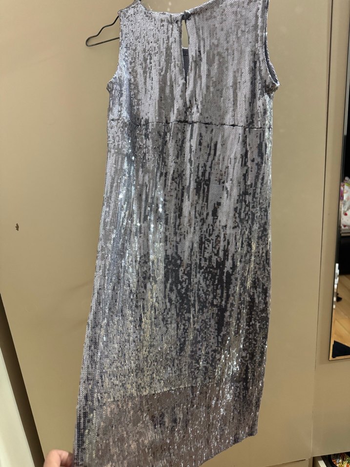 Gri Uzun Drapeli Kolsuz Abiye Elbise - Görsel 4