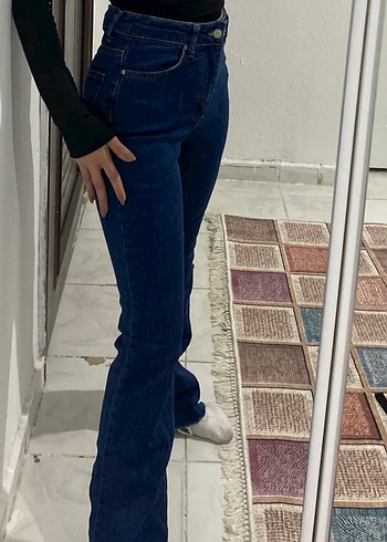 Kadın Mavi Kot Pantolon, Kemerli, Normal Boy