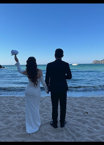 Uzun Beyaz Strappy A-Line Gelinlik - Görsel 3