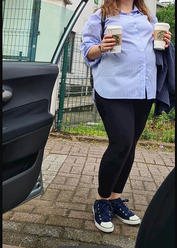 HAMİLE Düğmeli Çizgili Mavi Kadın Gömlek - Görsel 4