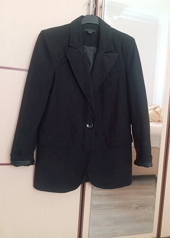 l Beden Düğmeli Siyah Kadın Keten Blazer Ceket