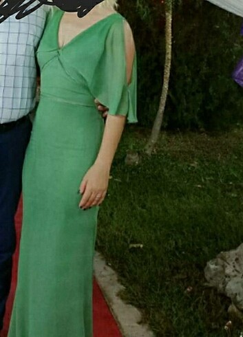 s Beden Su yeşili uzun abiye elbise