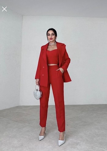 Kırmızı Saten Kadın Ofis Takım Elbise - Görsel 3