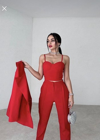 Kırmızı Saten Kadın Ofis Takım Elbise - Görsel 4