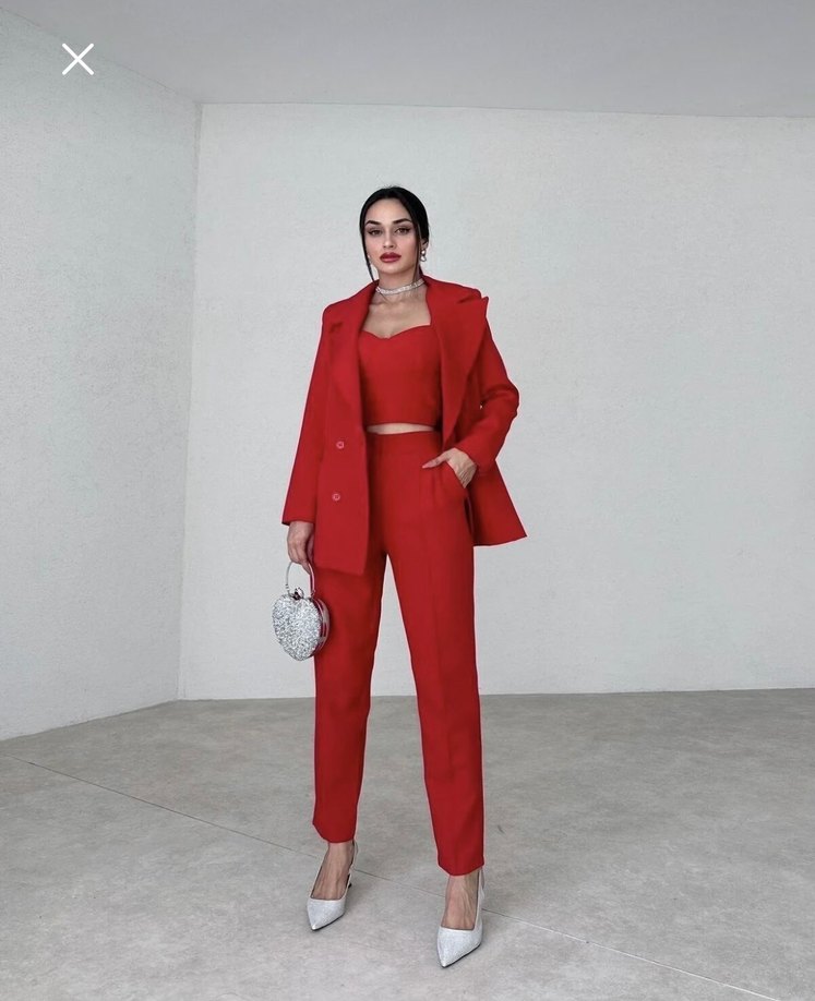 Kırmızı Saten Kadın Ofis Takım Elbise - Görsel 3
