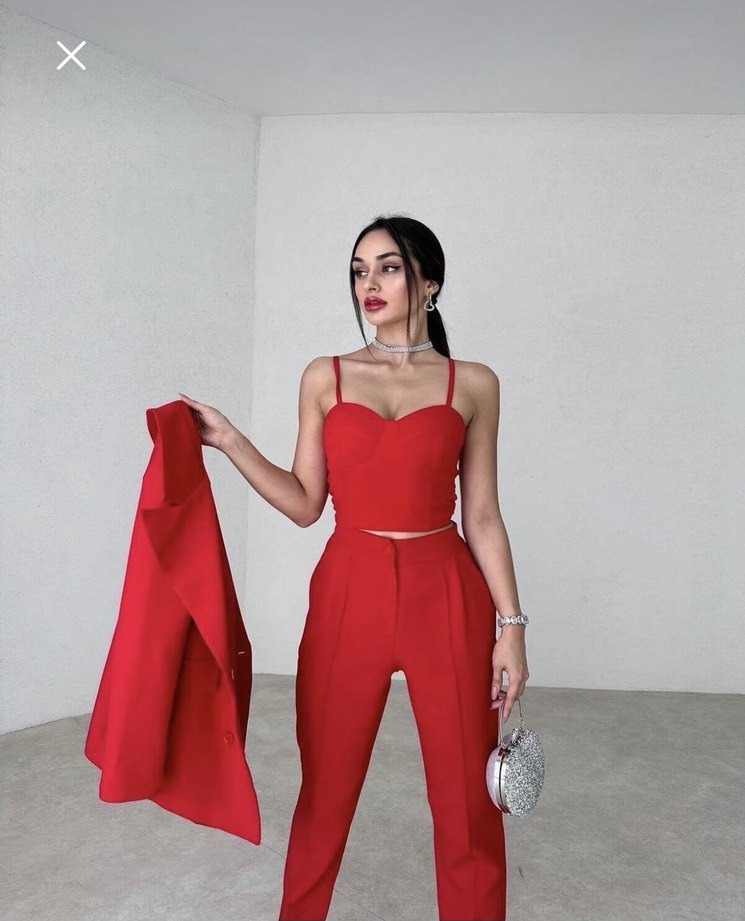 Kırmızı Saten Kadın Ofis Takım Elbise - Görsel 4