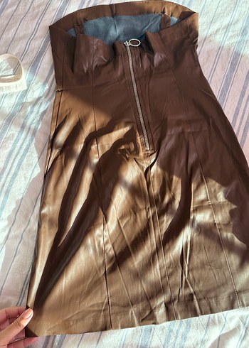 Deri, Fermuarlı, Midi Boy Straplez Mini Elbise - Görsel 2