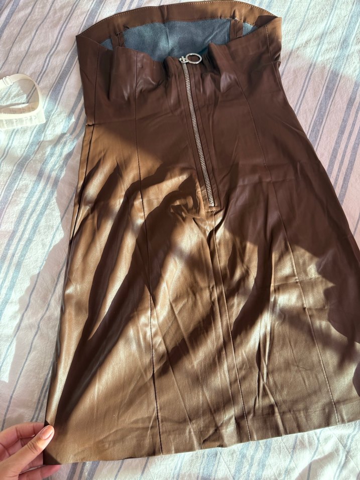 Deri, Fermuarlı, Midi Boy Straplez Mini Elbise - Görsel 2